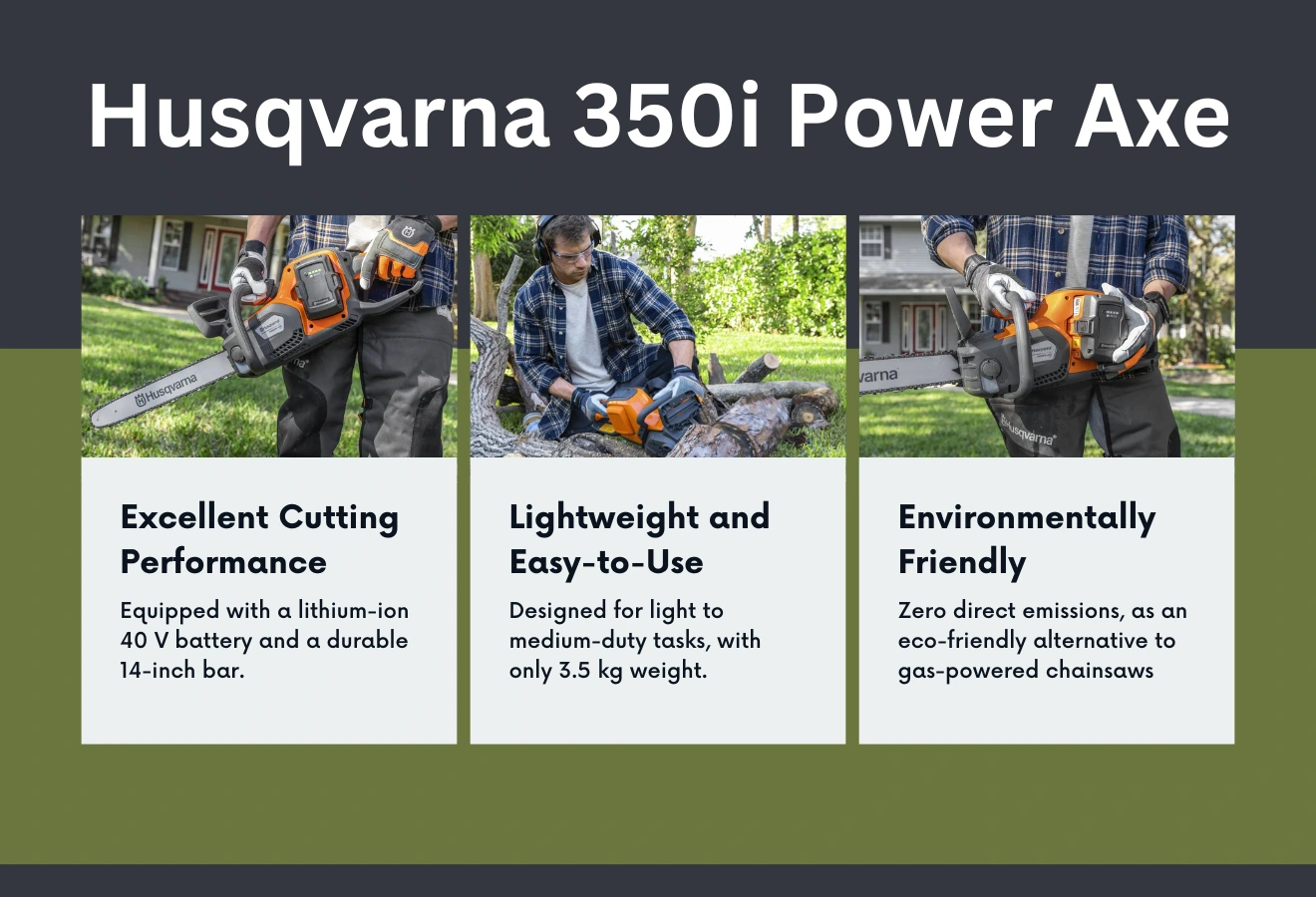 an infographic photo of the features of the Husqvarna Power Axe 350i chainsaw