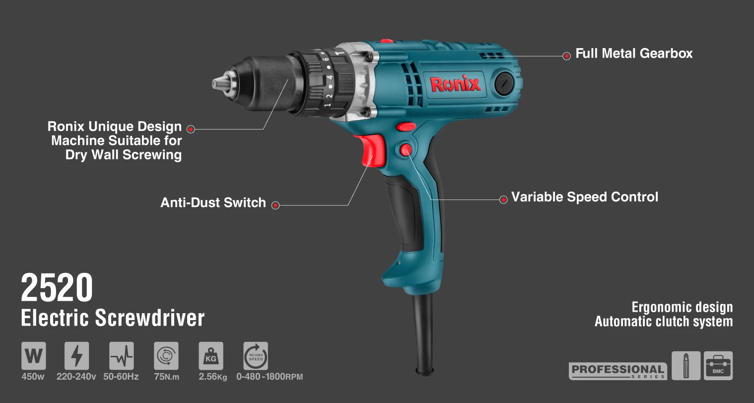 Ronix 2520 electric screwdriver with labeled features