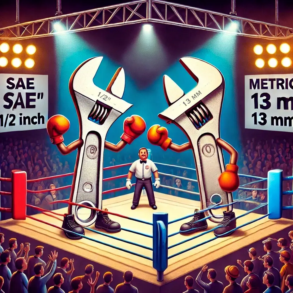 An illustration of two wrenches in a boxing ring, wearing boxing gloves and surrounded by a cheering crowd.