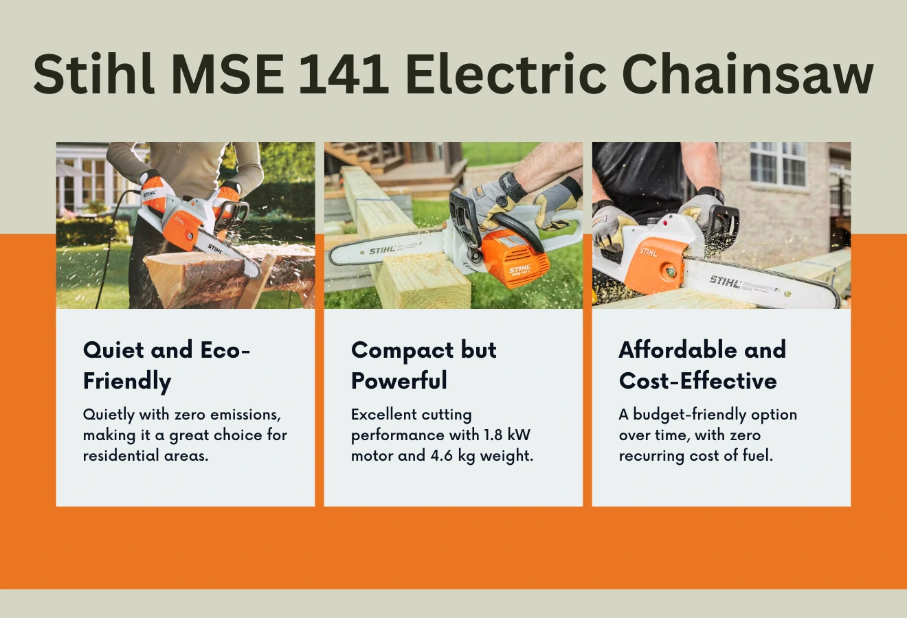 an infographic photo of the features of the Stihl MSE 141 Electric Chainsaw