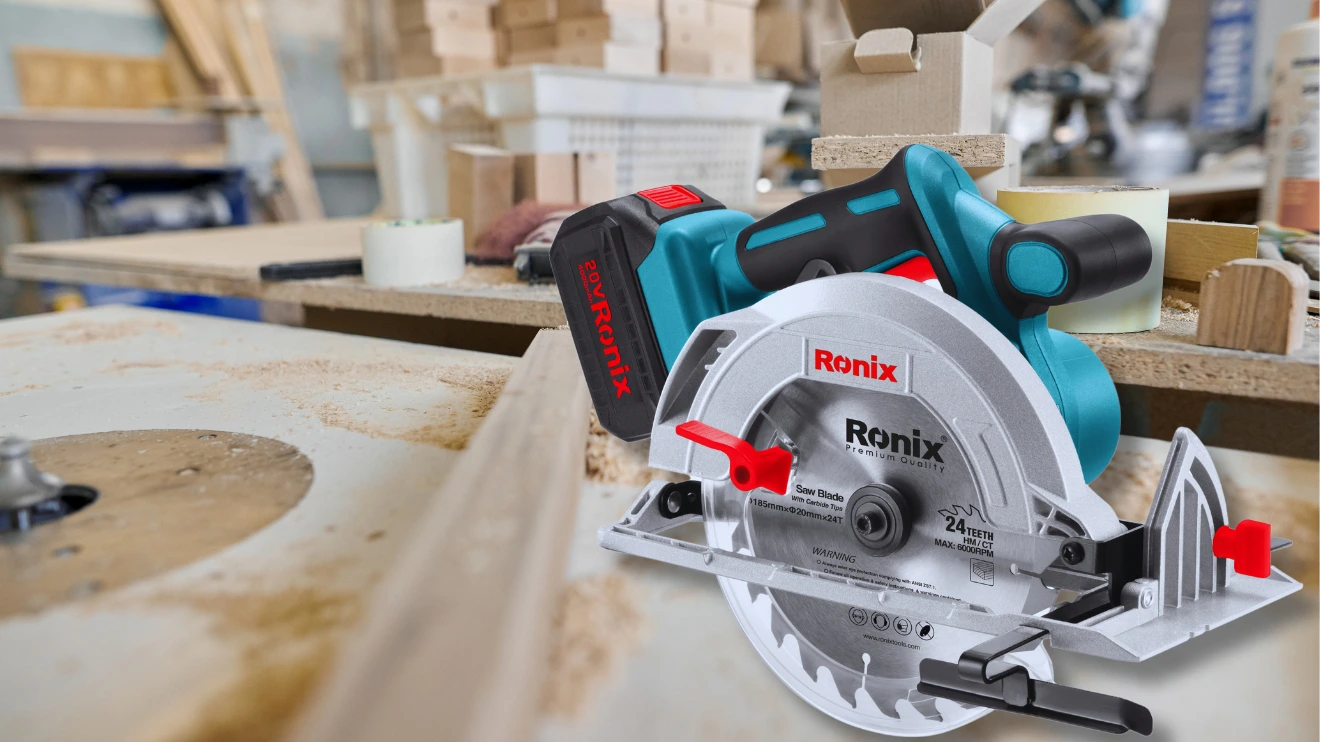 A photo of the Ronix cordless circular saw on a wooden bench