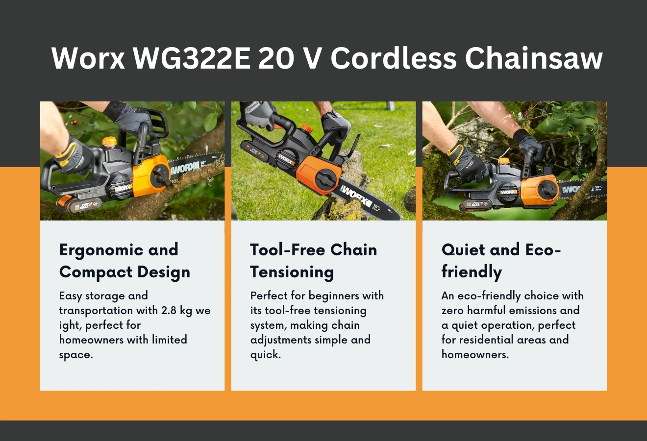 an infographic photo of the features of the Worx WG322E Cordless Chainsaw 