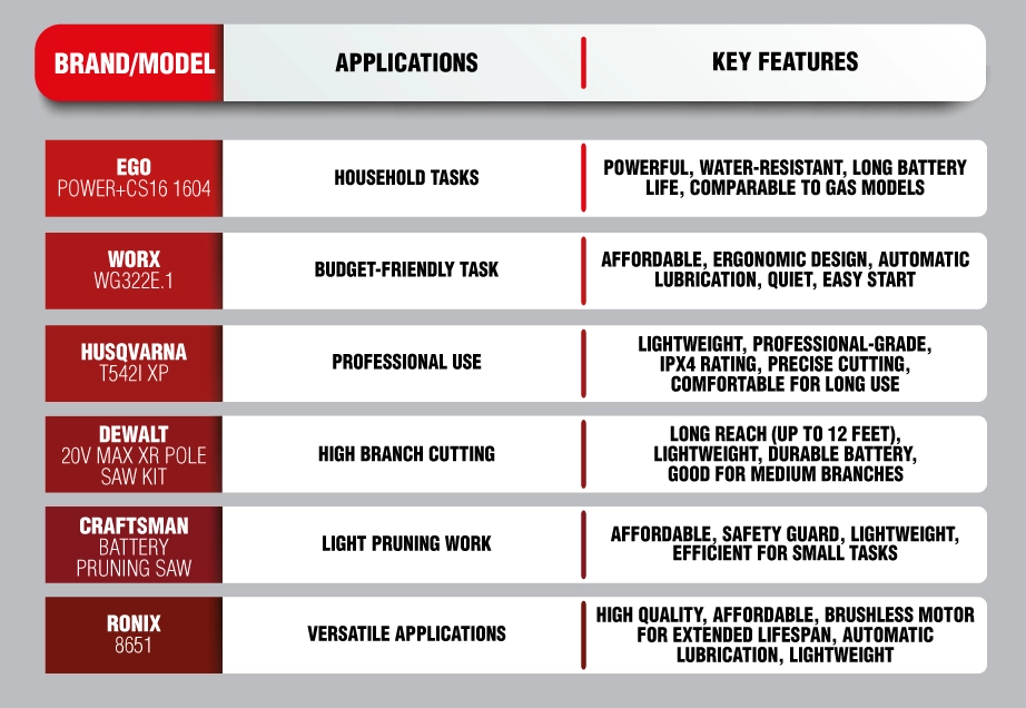 An infographic that introduces the best battery chainsaw