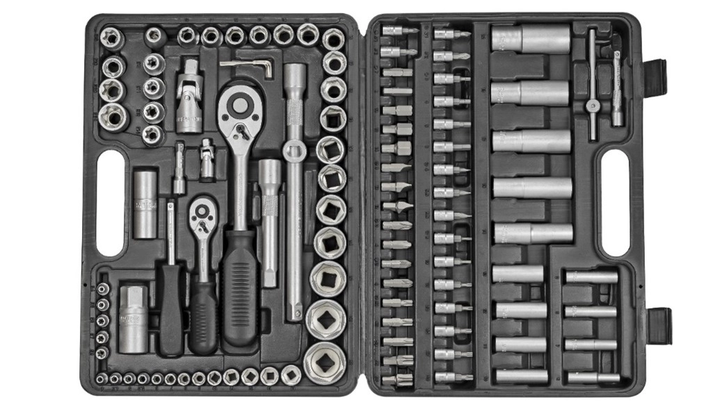 Toolbox showcasing different types of socket wrenches and accessories