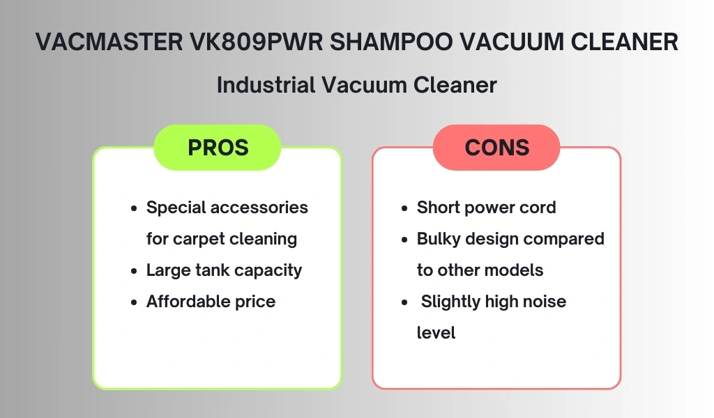 An infographic of the Best Industrial Vacuum Cleaner for carpet and its pros and cons