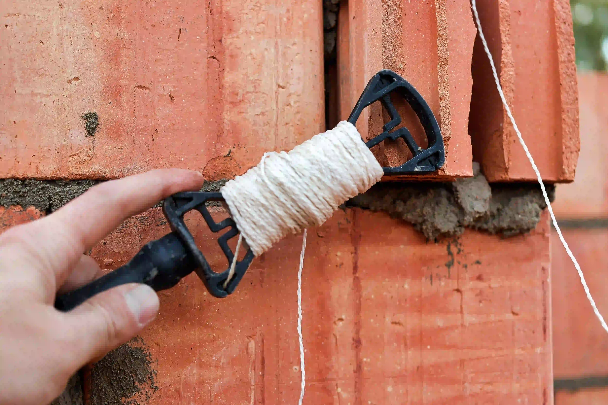 Mason using a string line to align bricks for a straight wall.