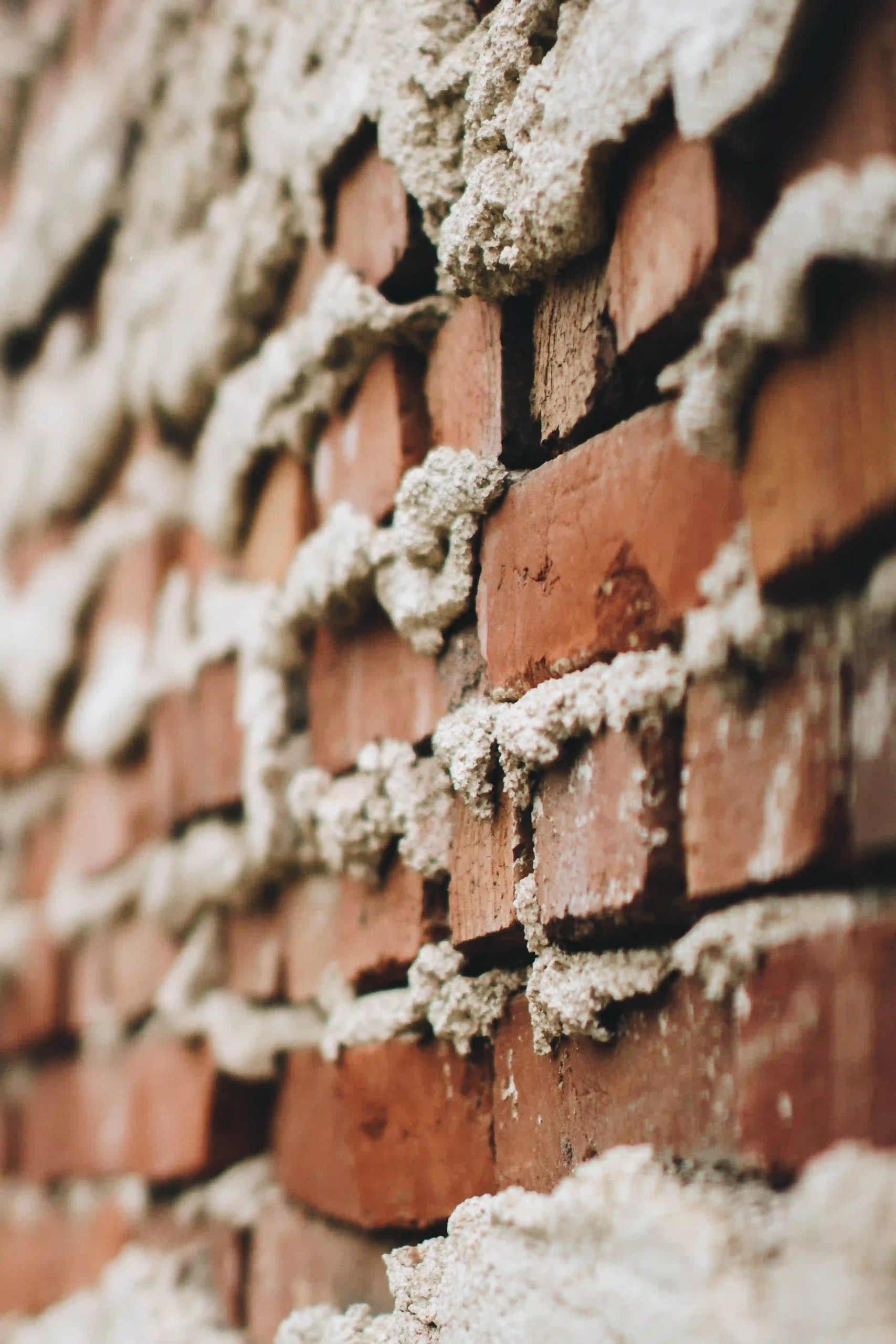 A rough brick wall with excess mortar.