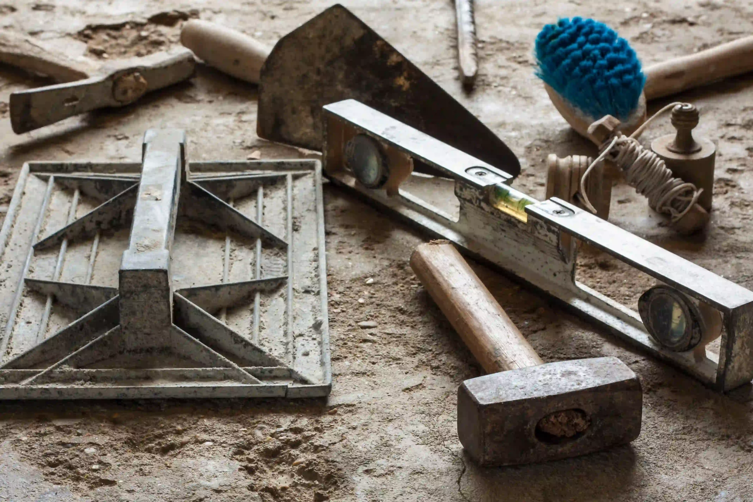 Assorted masonry tools, including a level, hammer, trowel, and float, scattered on a dusty surface.