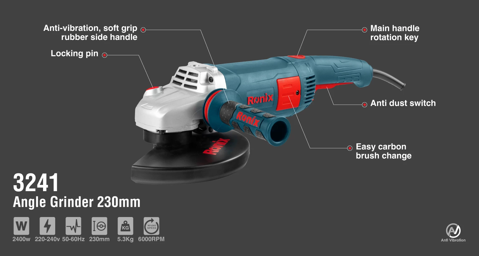 Ronix 3241 angle grinder 230mm