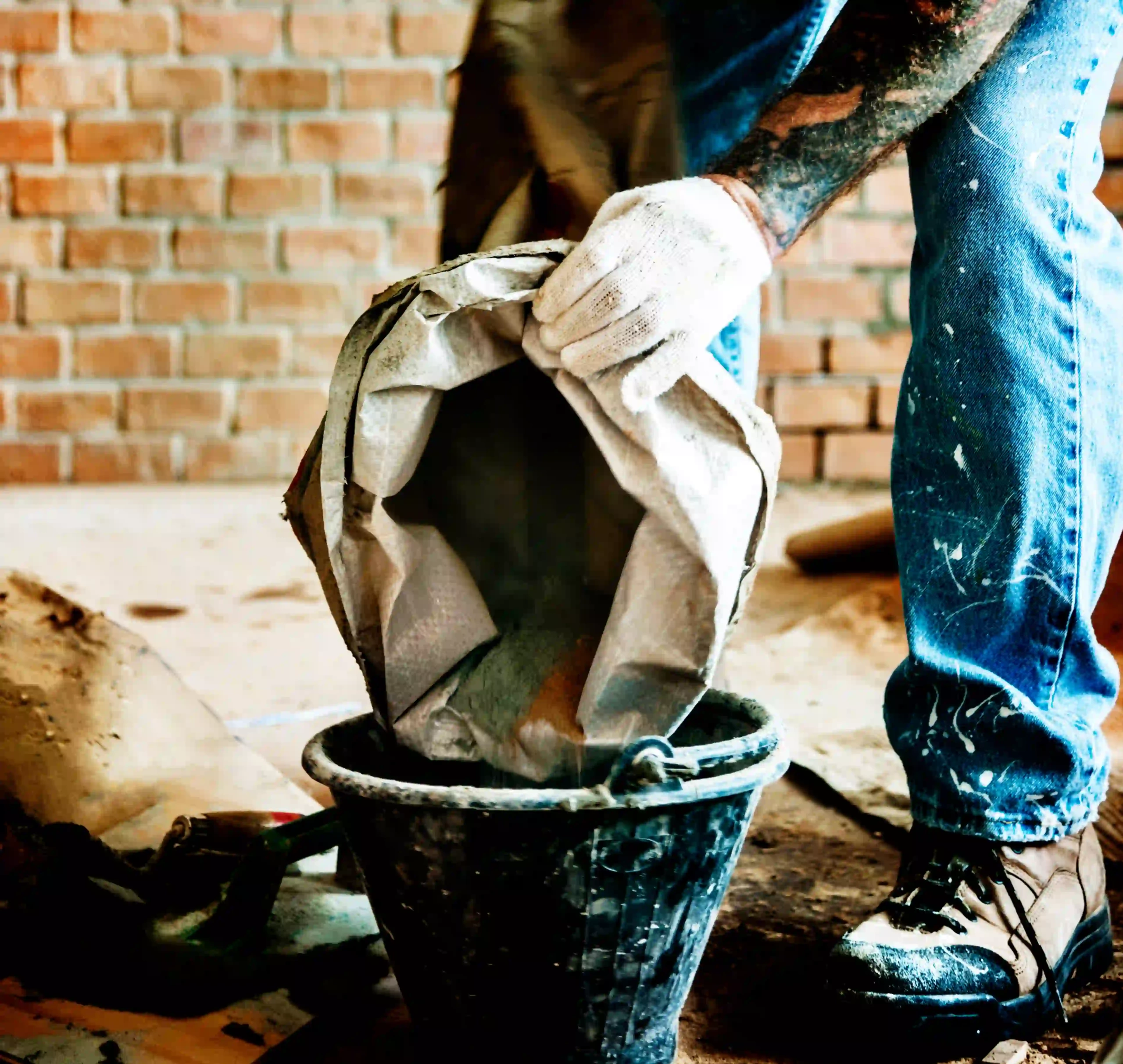 Worker pouring cement from a bag into a bucket at a construction site.