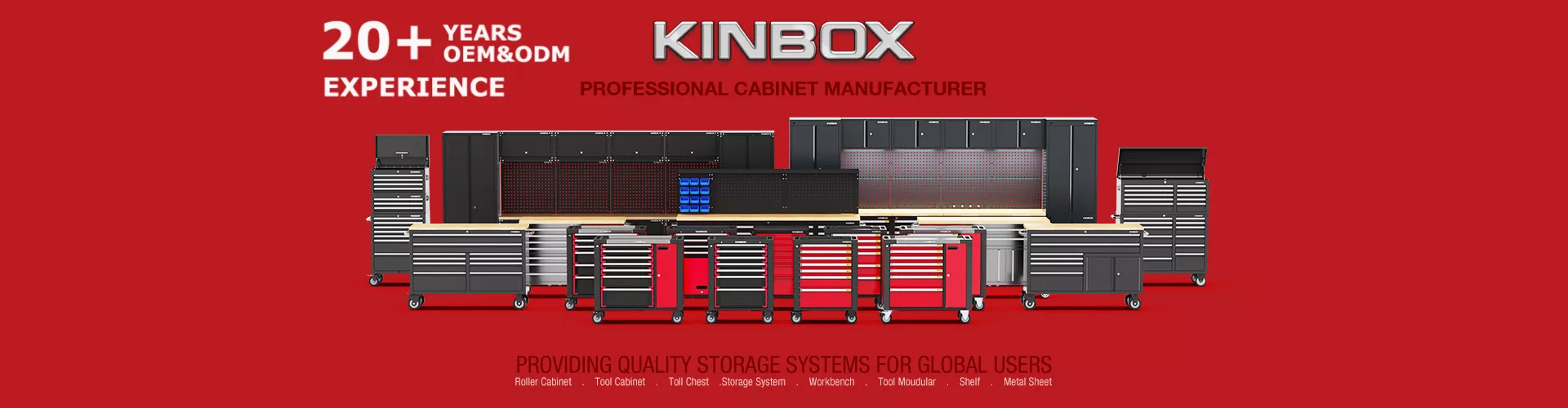 Kinbox storage cabinets and tool chests on red background