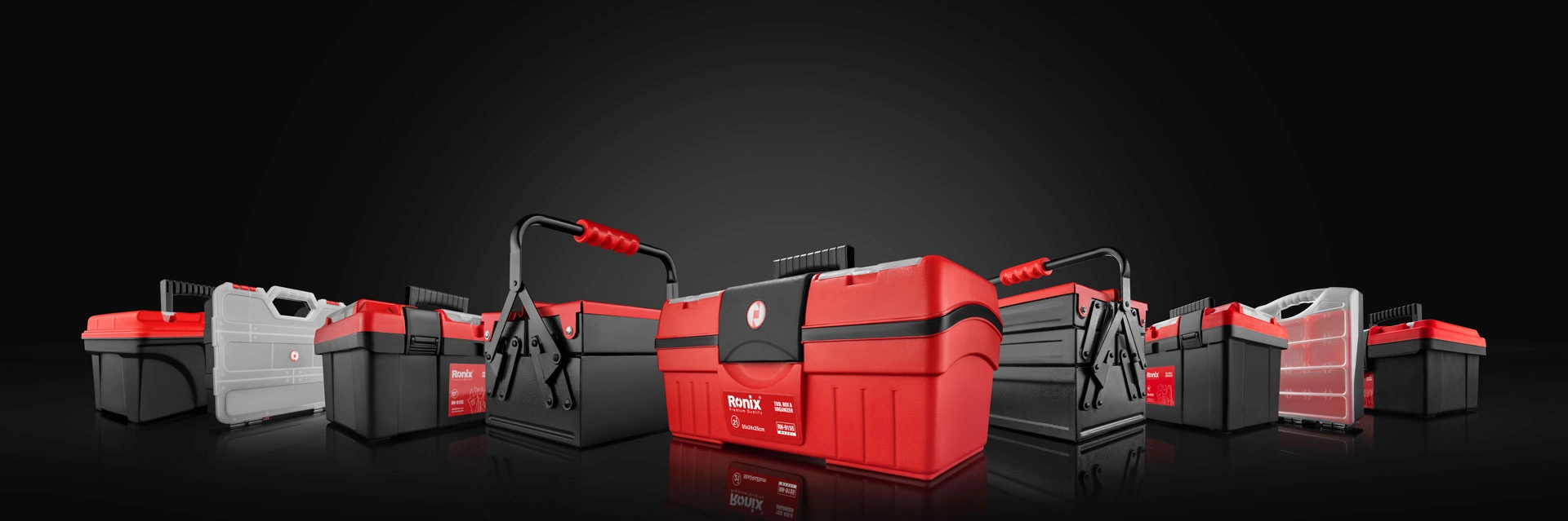 Assorted Ronix tool boxes displayed on black background
