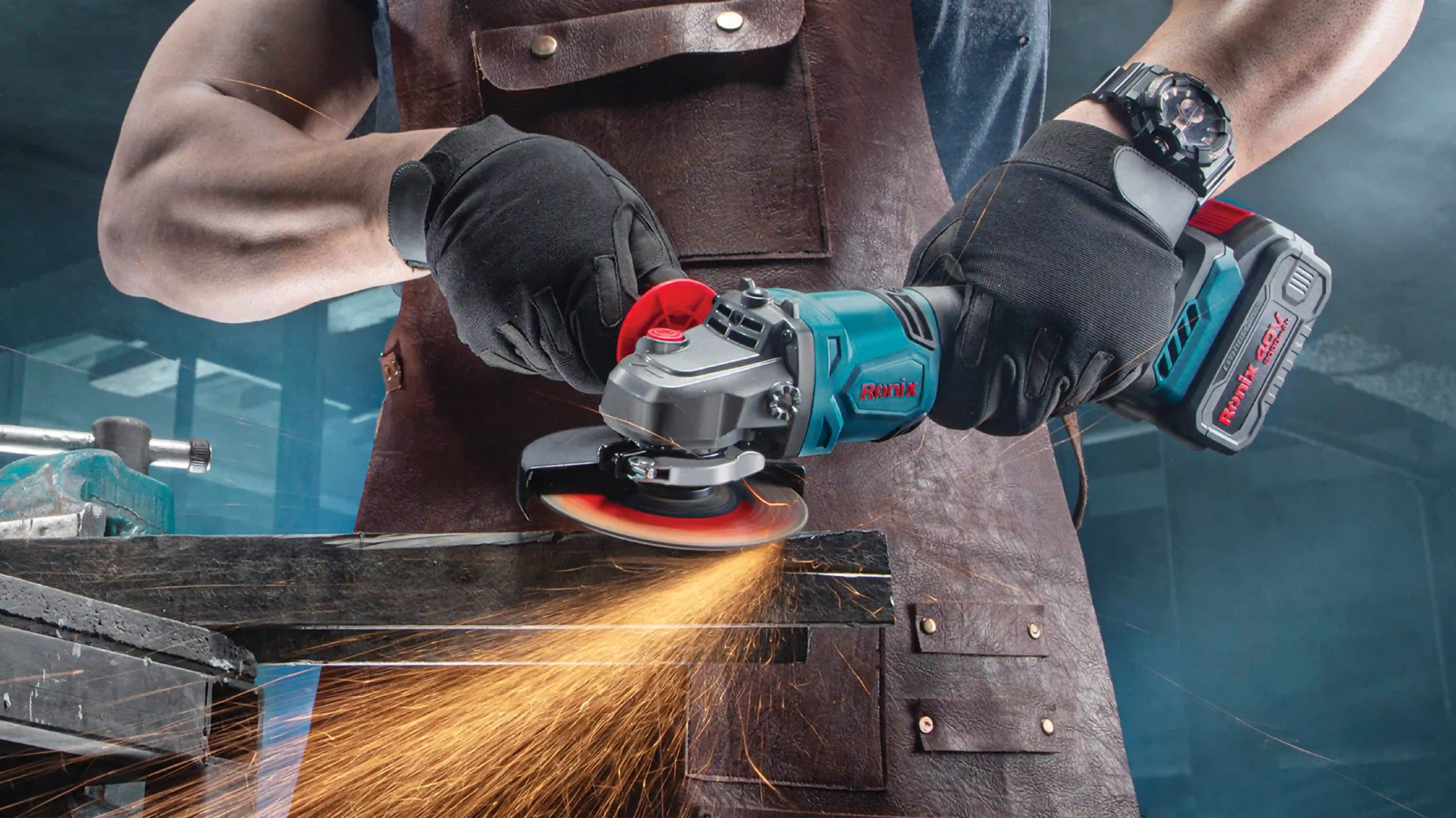 picture of a person using the Ronix 8901 Brushless Cordless Mini Angle Grinder