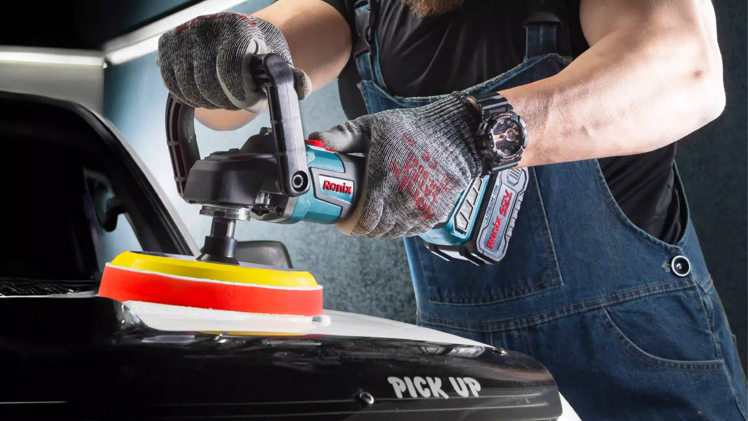 picture of a man using the Ronix 8926 Brushless Cordless Polisher