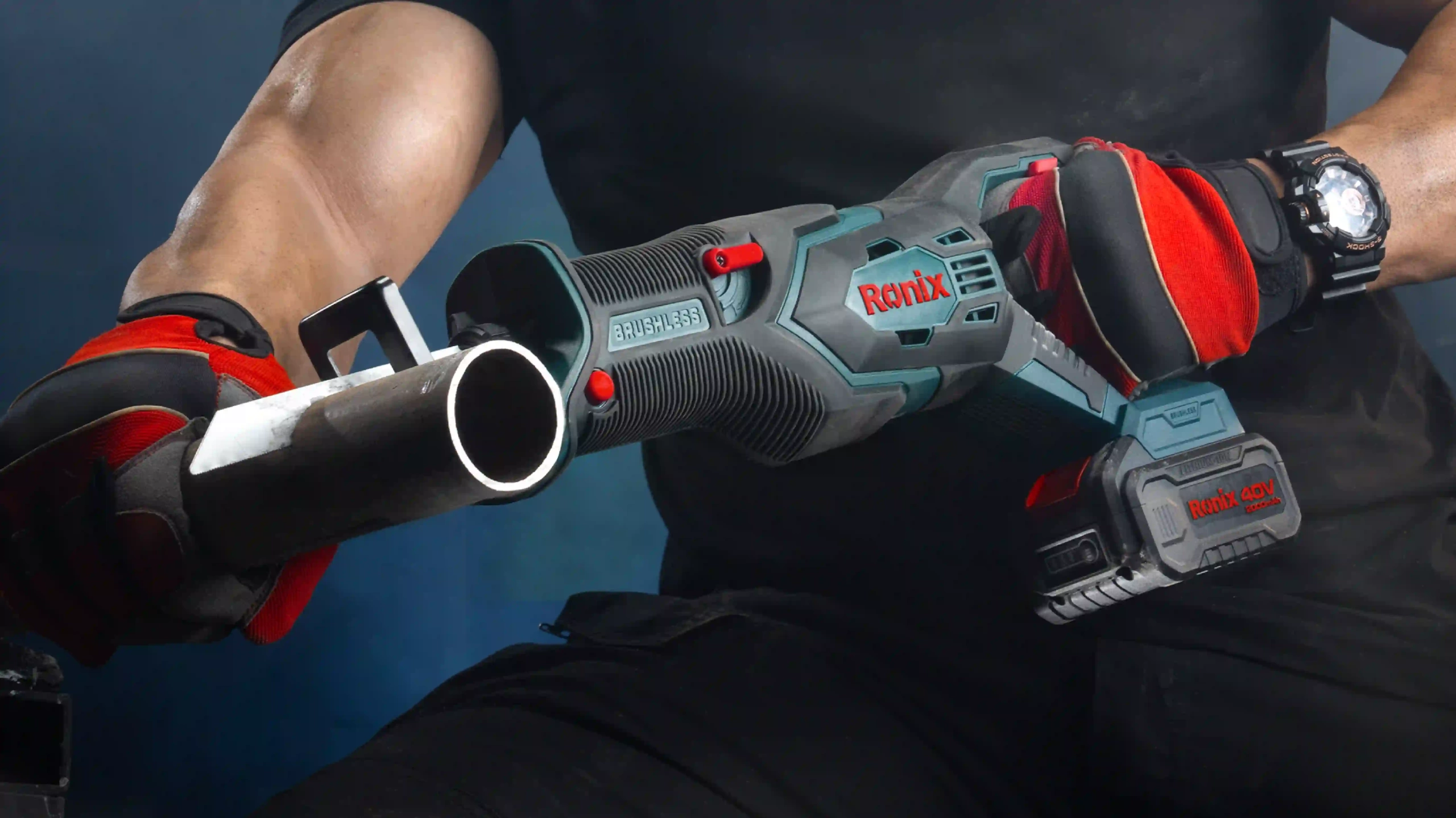 picture of a man using the Ronix 8904 Brushless Cordless Reciprocating Saw