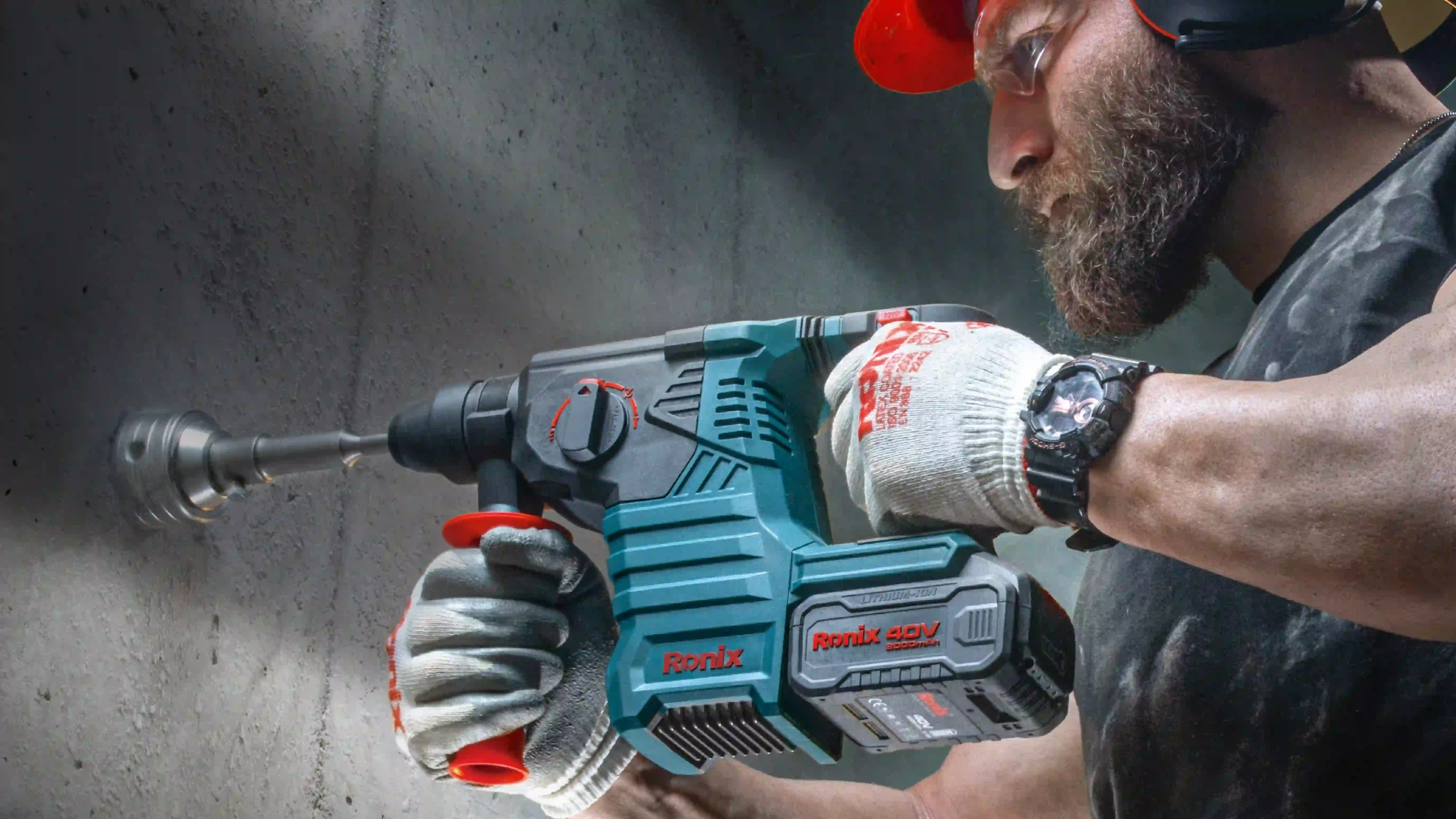 picture of a person using the Ronix 8910 Brushless Cordless Rotary Hammer