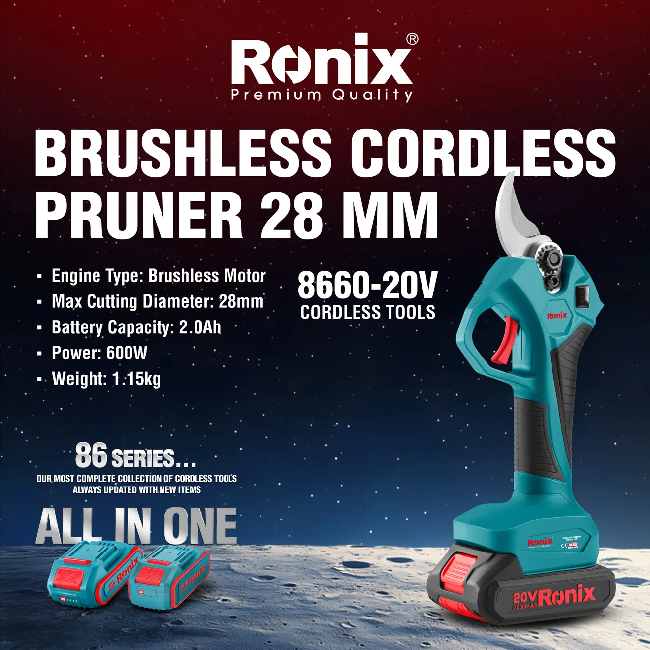 An Infographic photo of the Ronix 8660 cordless pruner