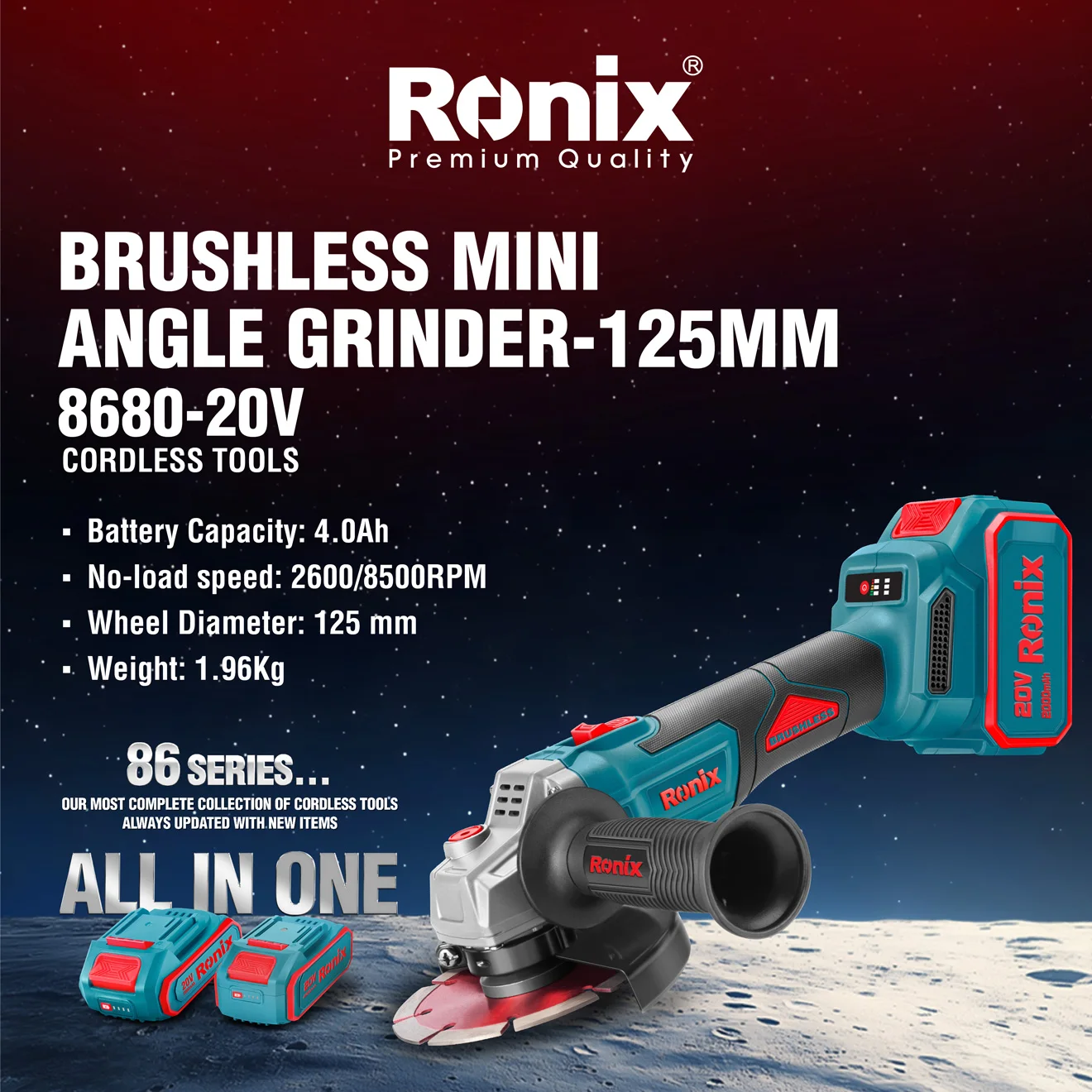 An Infographic photo of the Ronix 8680 cordless mini angle grinder