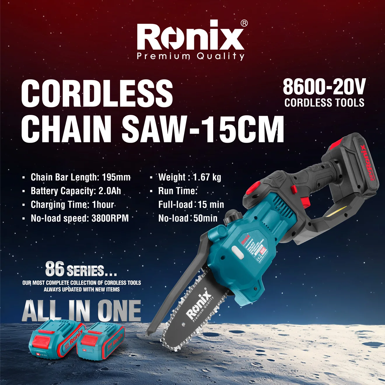 An Infographic photo of the Ronix 8600 cordless chainsaw