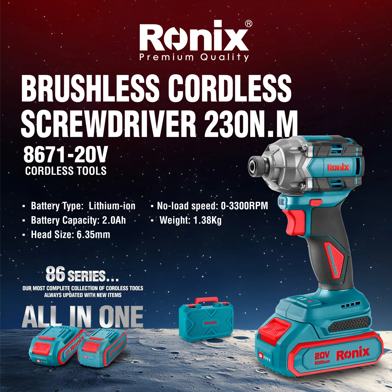 An Infographic photo of the Ronix 8671 cordless screwdriver