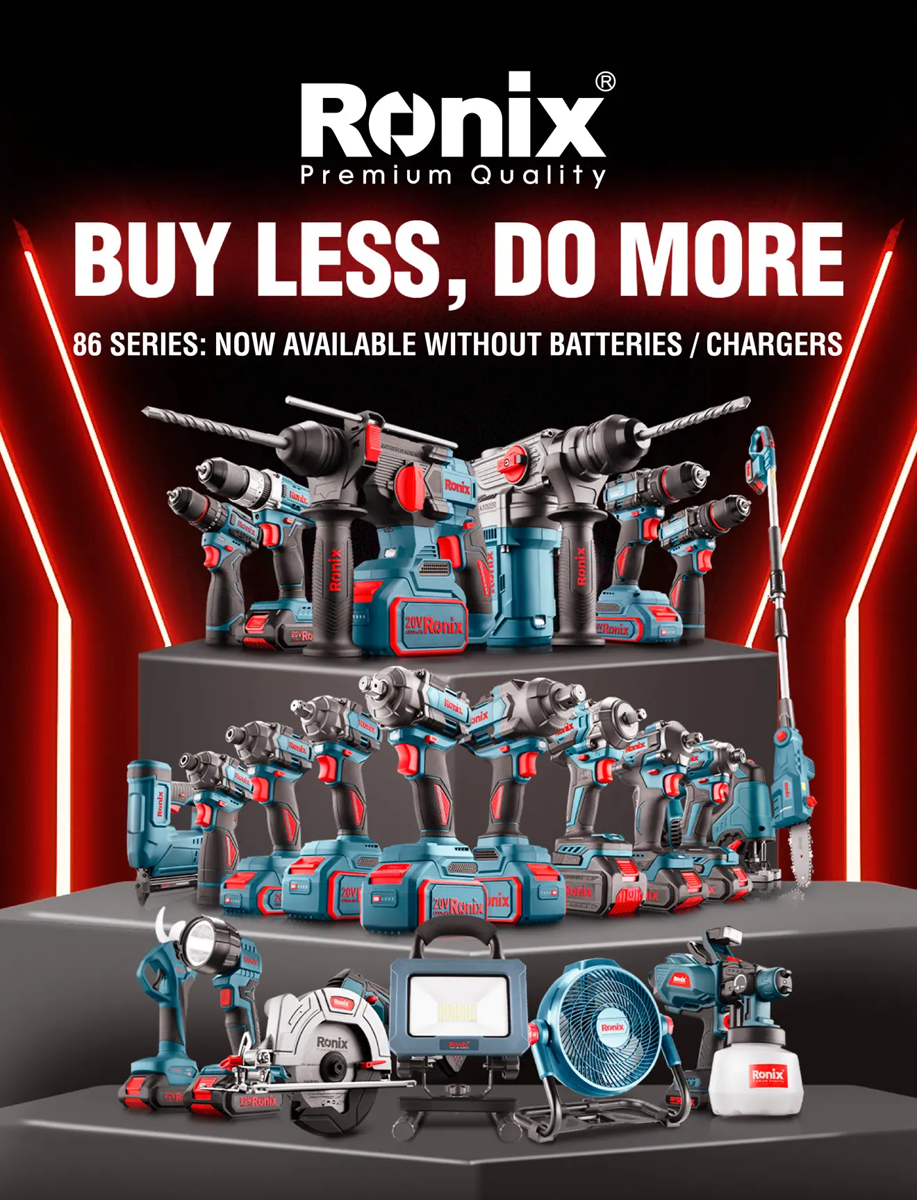 A photo of the Ronix 86 series cordless tool collection with focus on without battery and charger