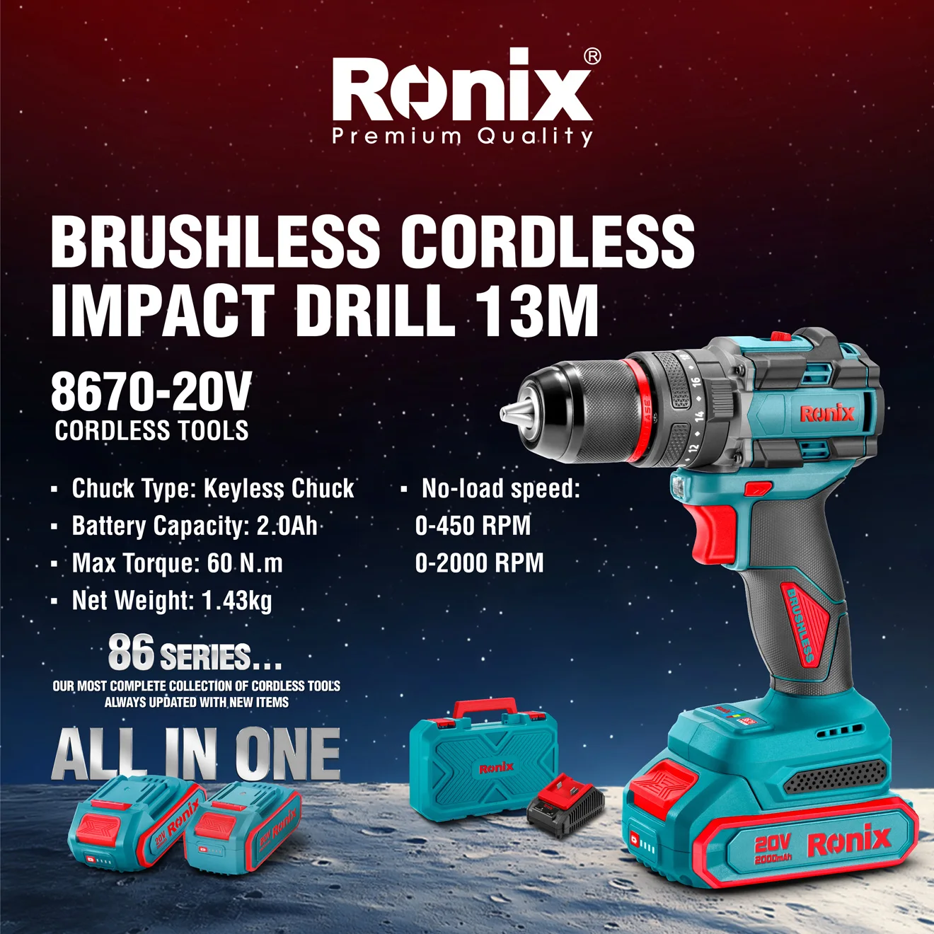 An Infographic photo of the Ronix 8670 cordless impact drill