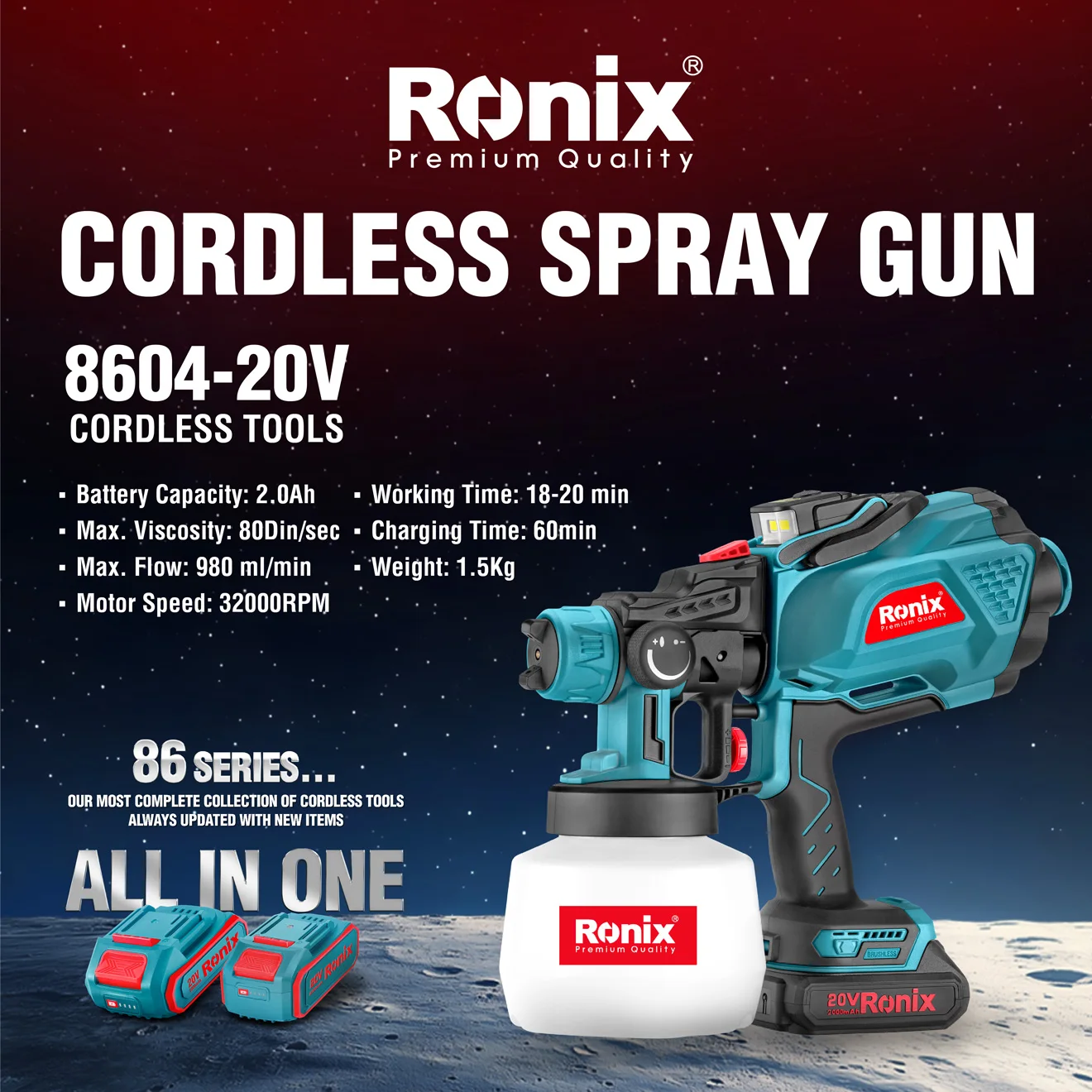 An Infographic photo of the Ronix 8604 cordless spray gun