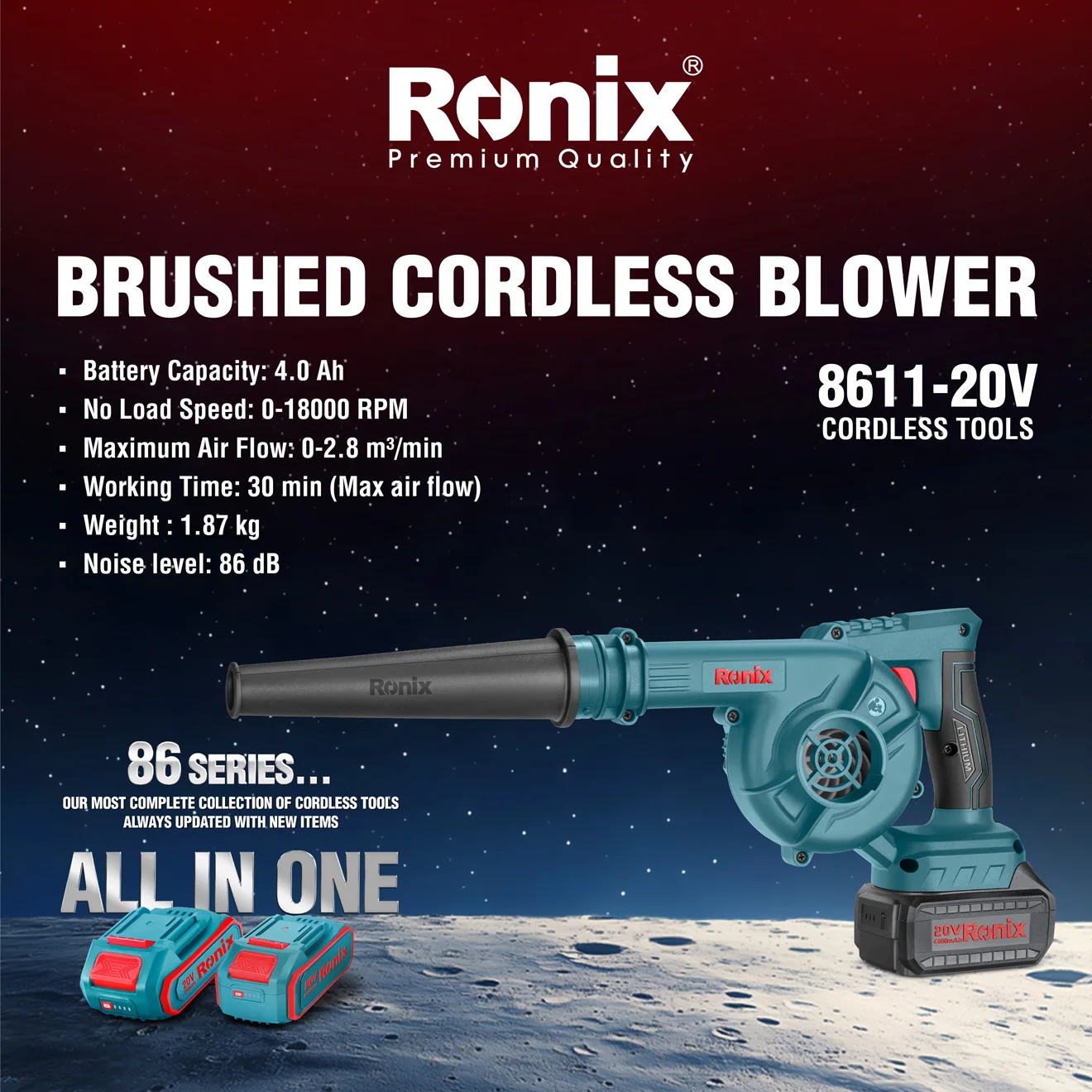 An Infographic photo of the Ronix 8611 cordless blower