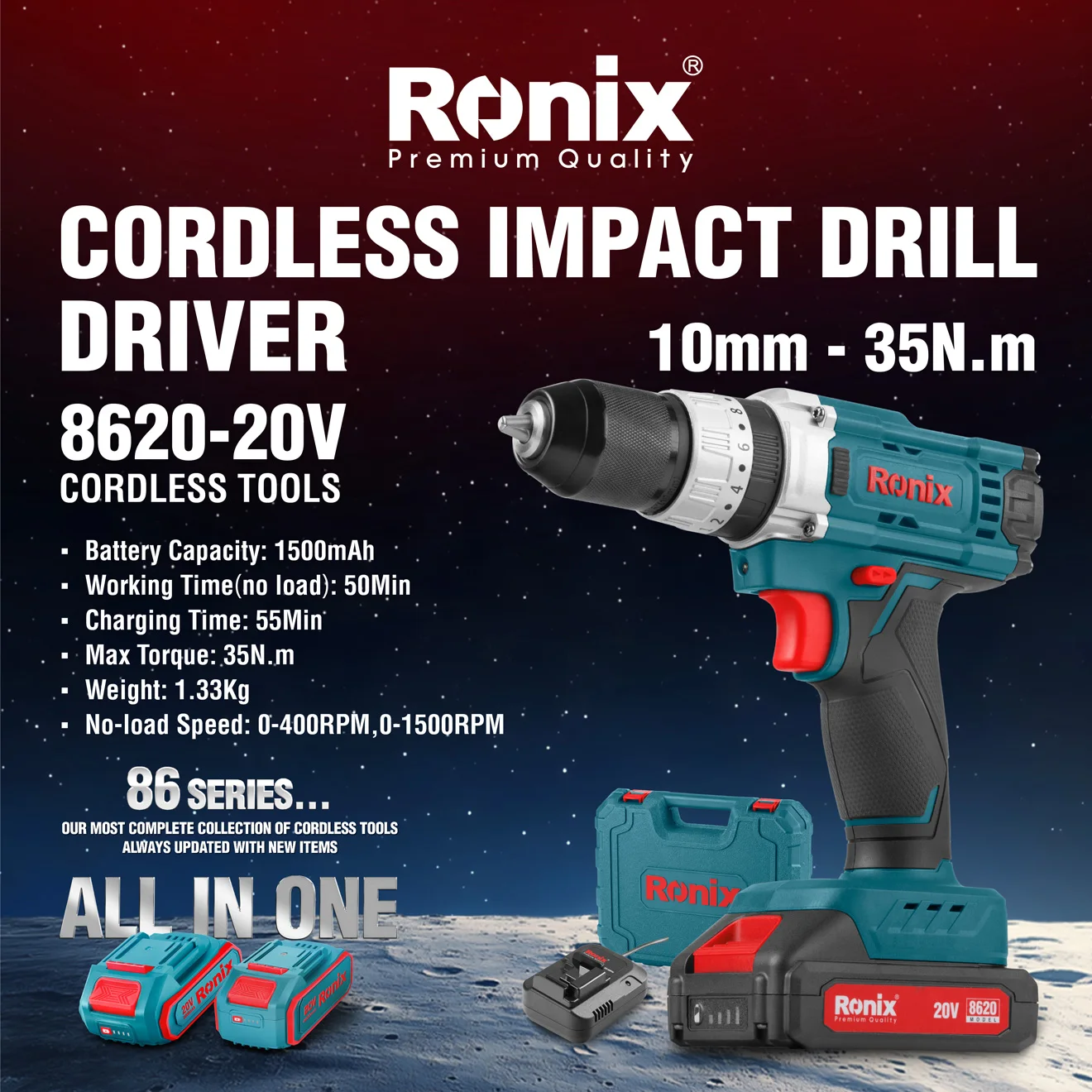 An Infographic photo of the Ronix 8620 cordless impact drill