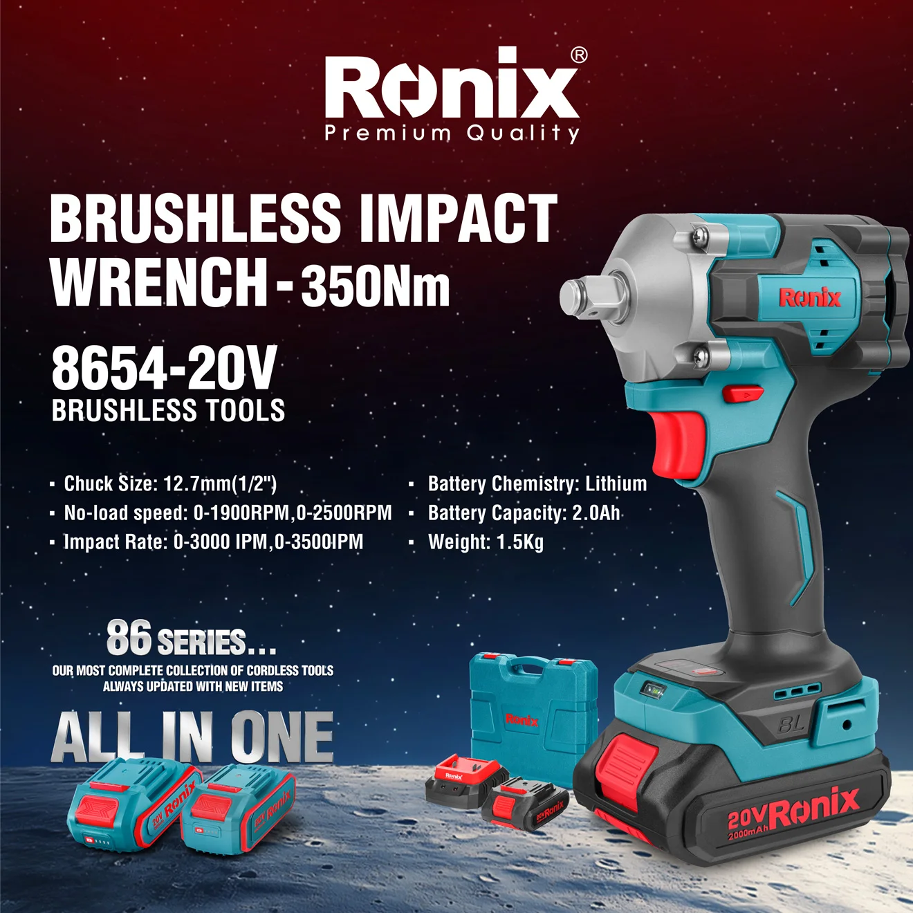 An Infographic photo of the Ronix 8654 cordless impact wrench