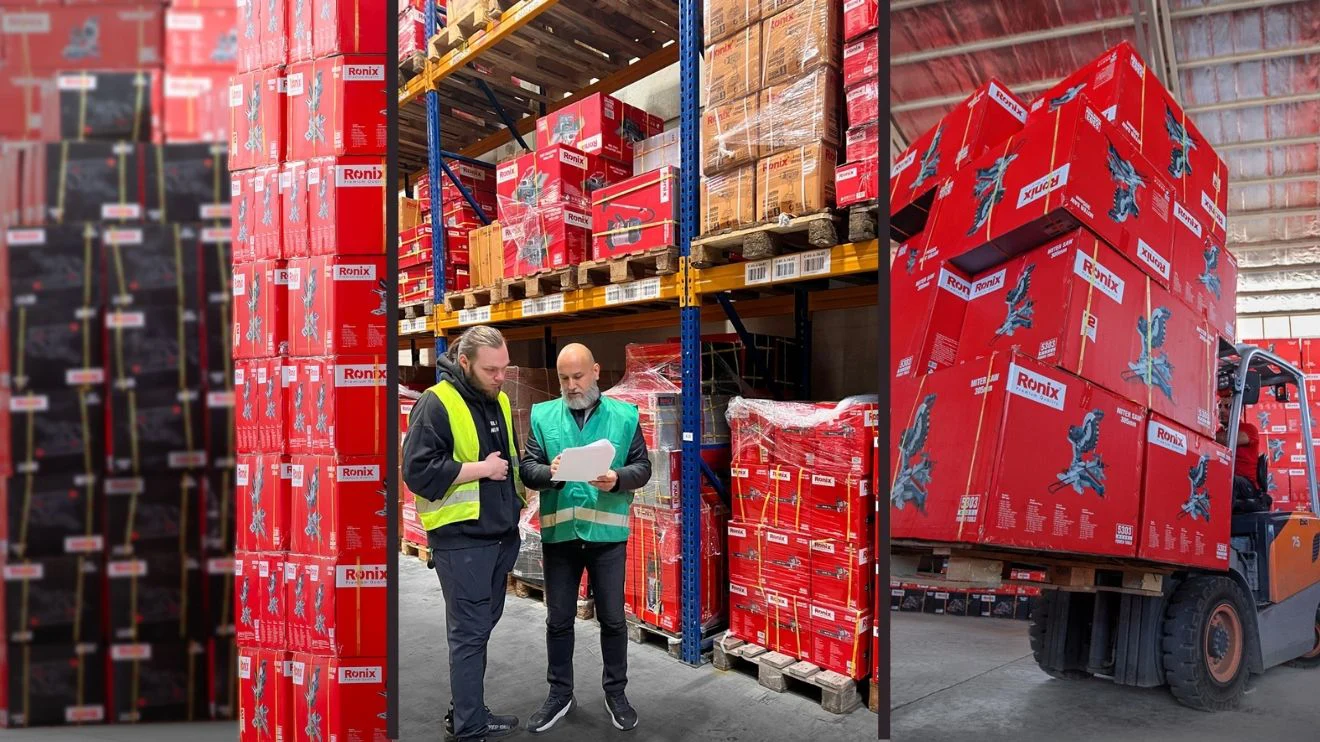 A collage photo of the Ronix warehouse in Germany, while two men are talking to each other