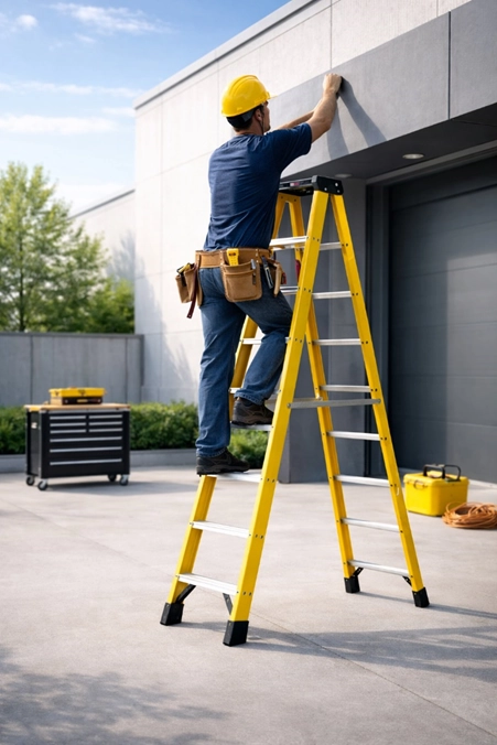 A Picture of Using a Fiberglass Ladder