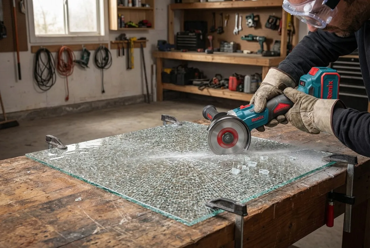 A Picture of a Glass Being Cut by a Grinder