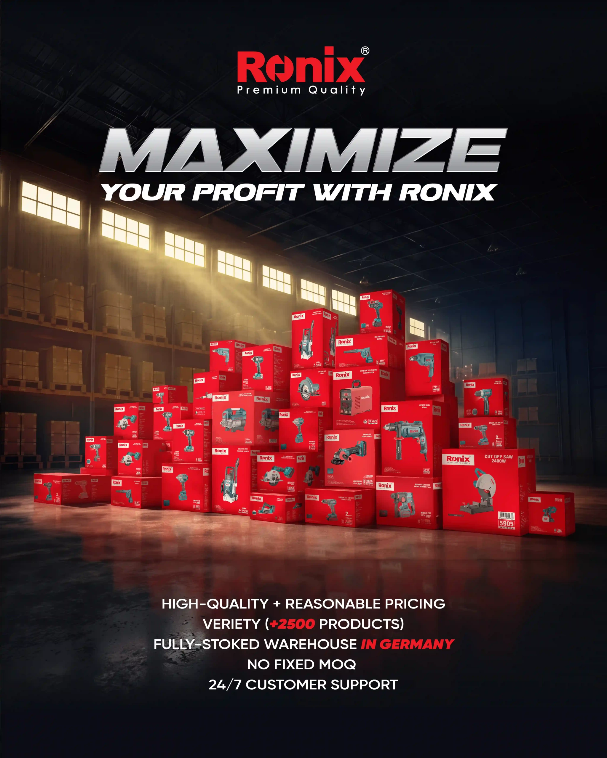 An infographic of Ronix color boxes in the warehouse