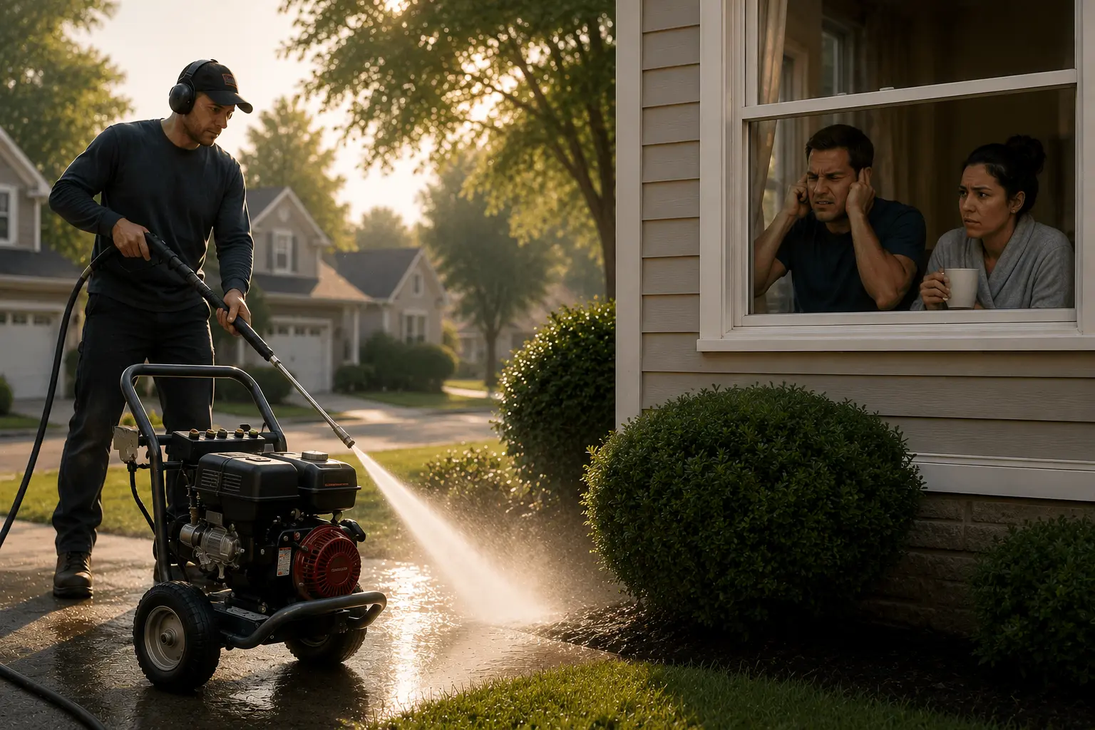 picture of a person using a noisy gas pressure washer in the morning