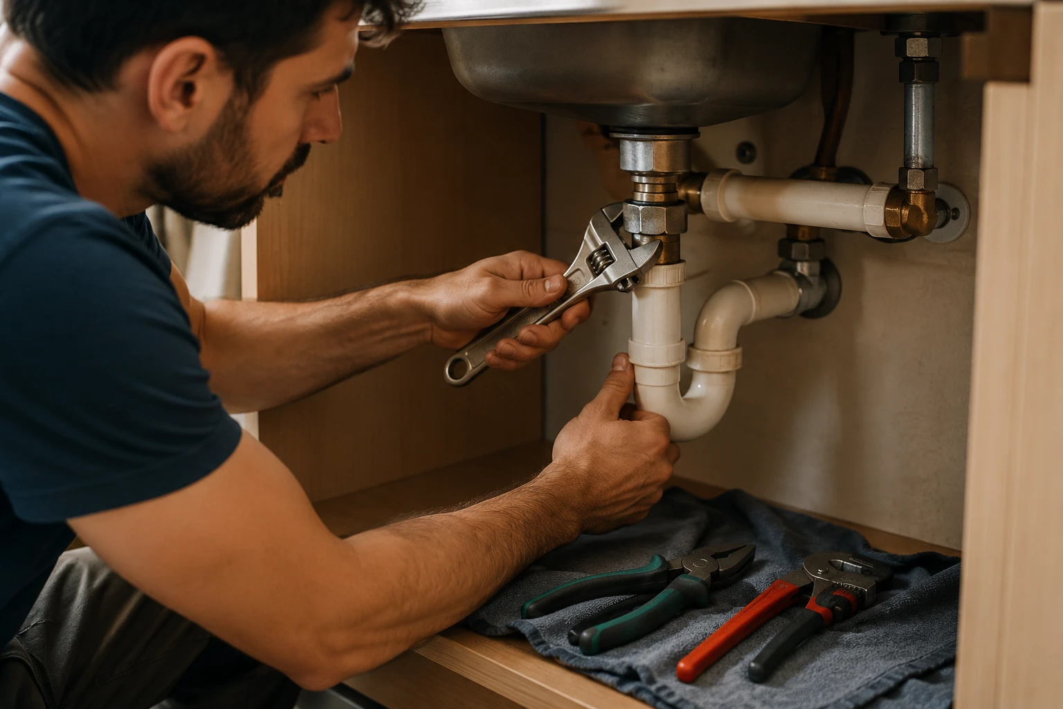 Man Using a Wrench on Pipe Fittings Under a Sink