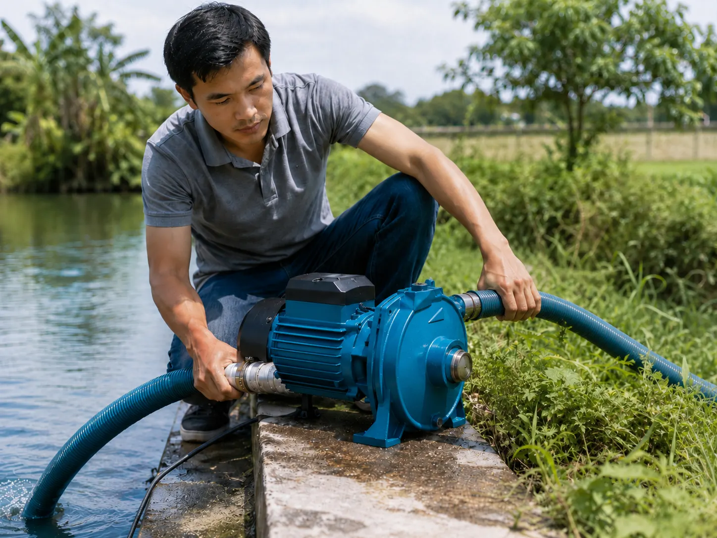 Man Setting Up a Surface Water Pump