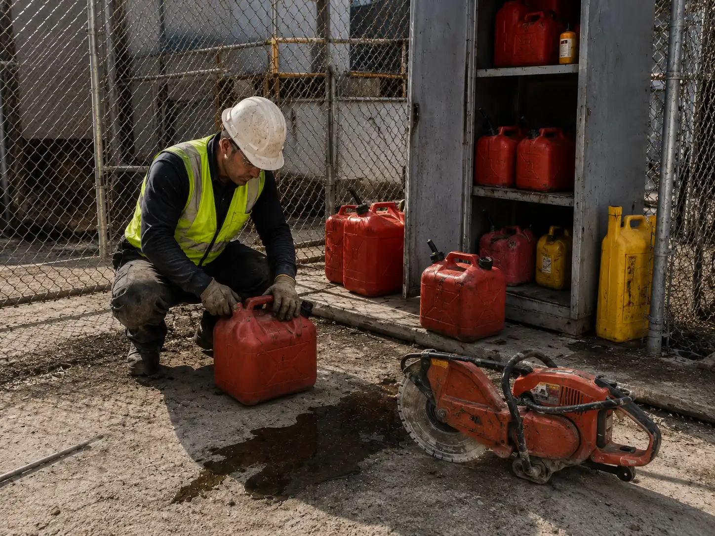 Construction worker handling fuel cans instead of cordless power tools