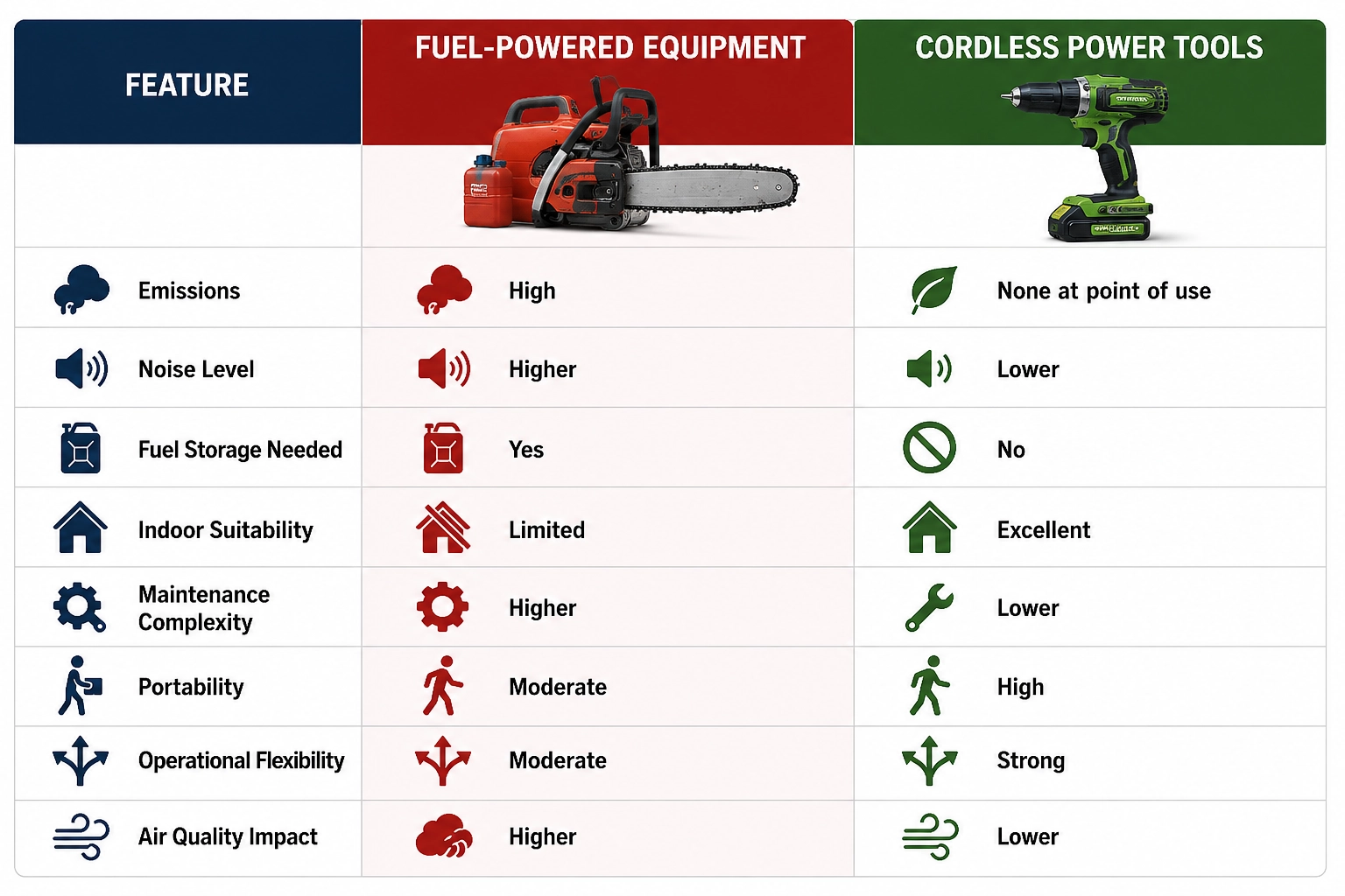 Fuel-powered vs cordless tools comparison table