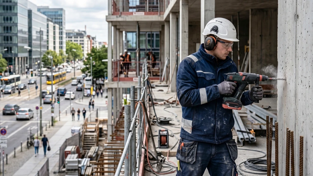 Worker using cordless power tools on an urban construction site