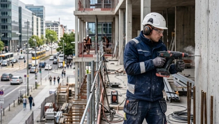 Worker using cordless power tools on an urban construction site