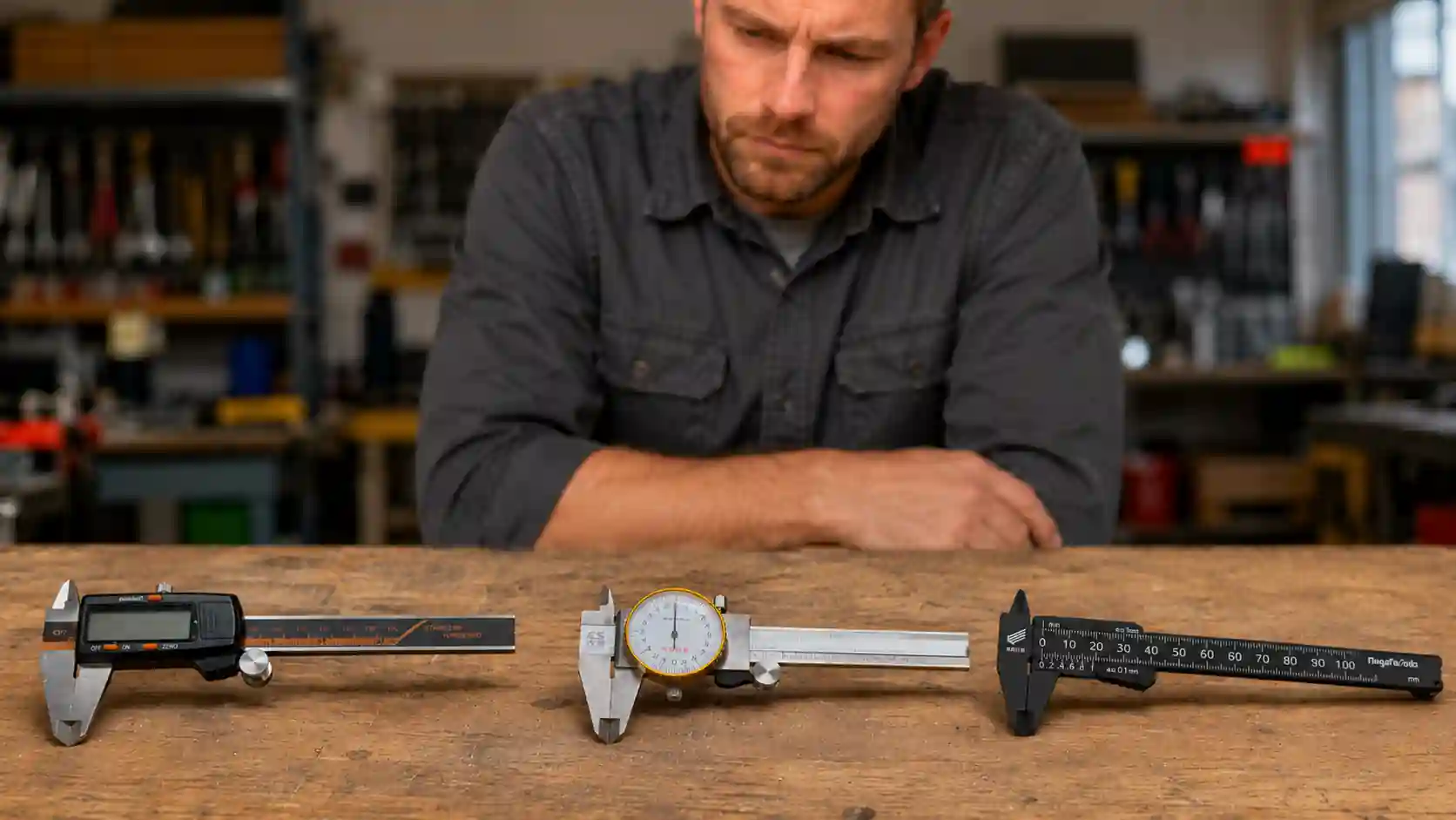 Picture of a person choosing between a digital, dial and a vernier caliper