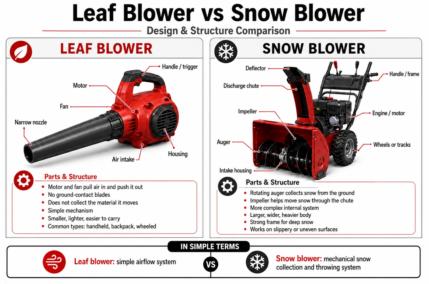 Leaf blower vs snow blower comparison infographic
