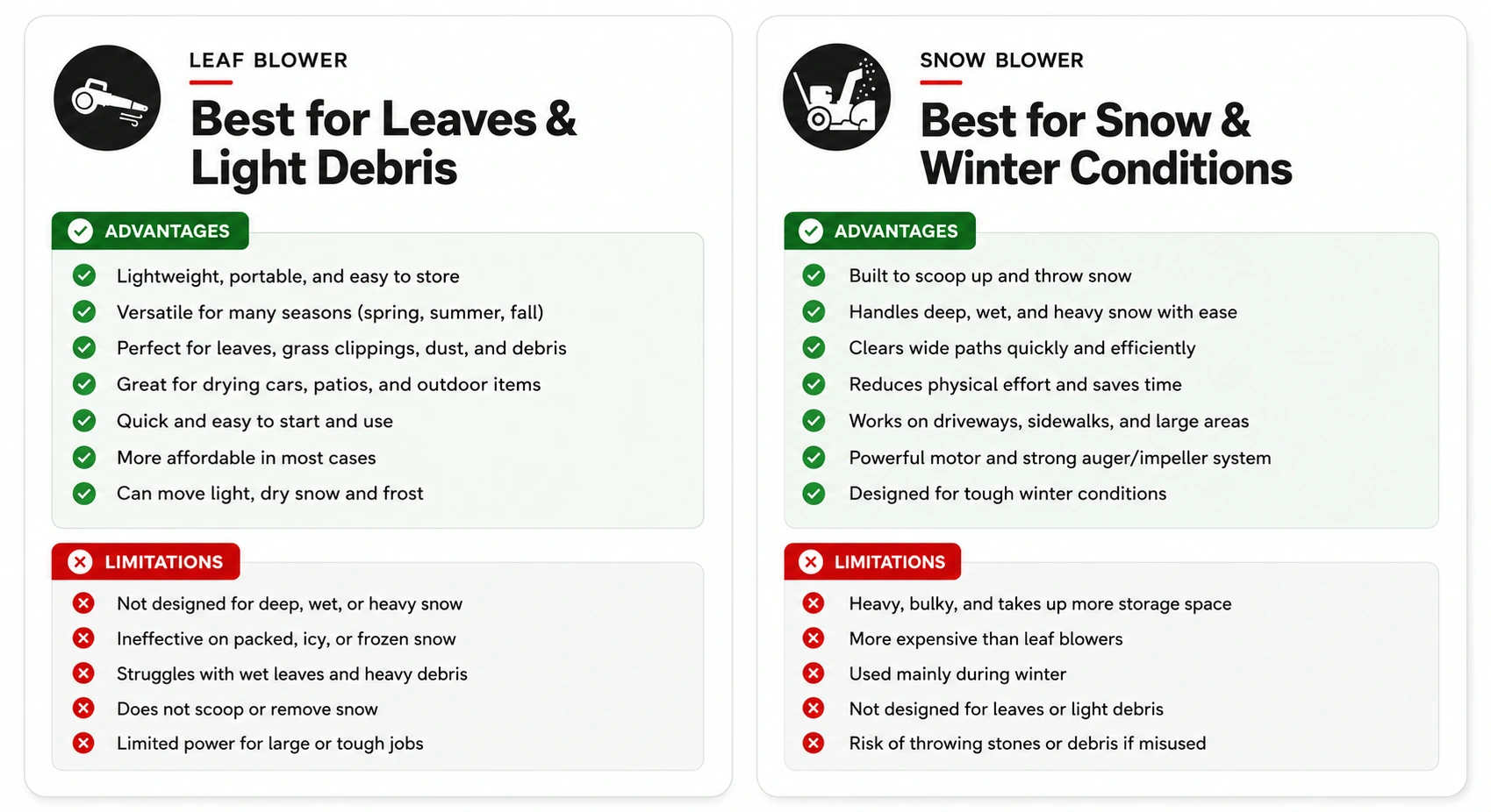 Snow vs leaf blower comparison chart