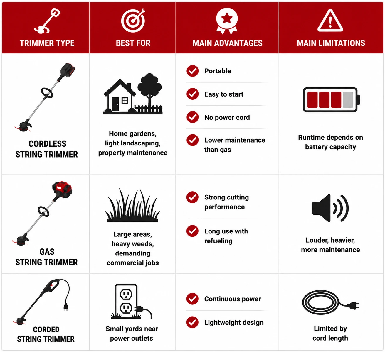 infographic of Cordless vs Gas vs Corded String Trimmers