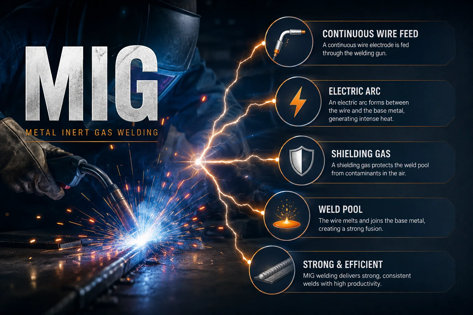 MIG welding process infographic showing wire feed, arc, and shielding gas