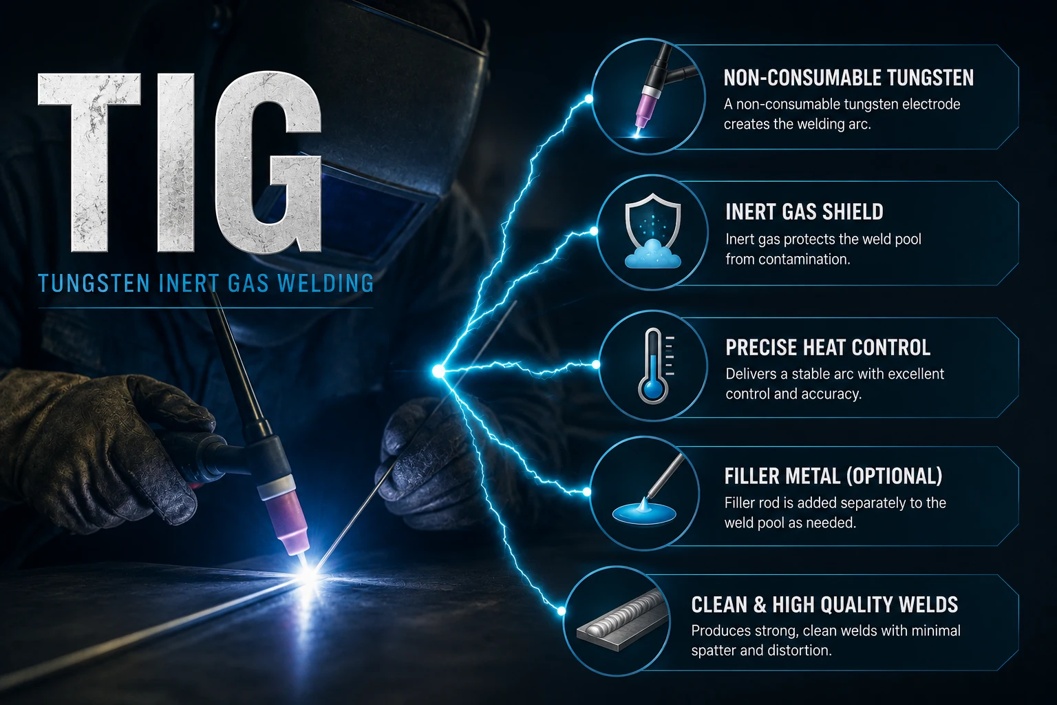 TIG welding process infographic showing tungsten electrode and shielding gas