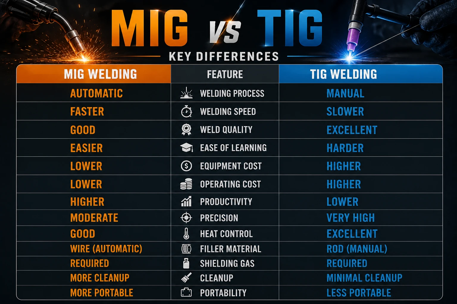 MIG vs TIG welding comparison infographic showing key differences