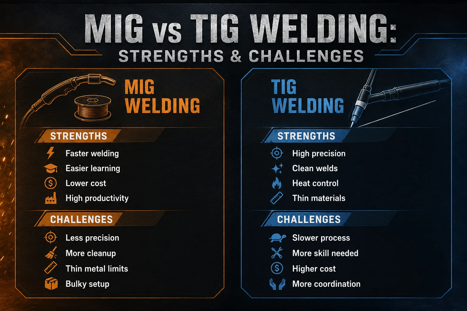 MIG and TIG welding strengths and challenges comparison infographic
