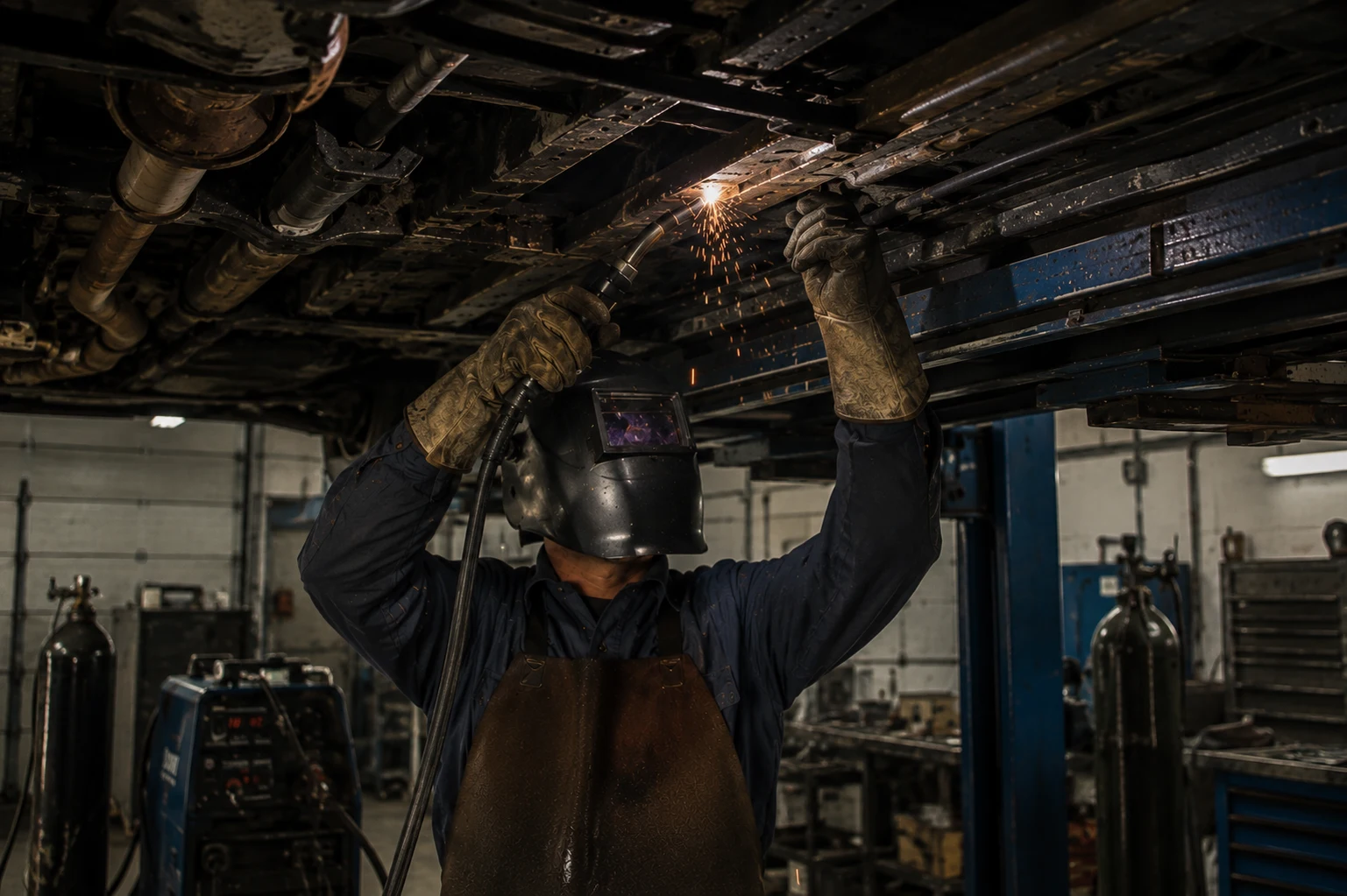 Welder performing metal fabrication work on an automotive component